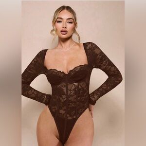 Large SHEIN BAE Brown Sexy Lace Long Sleeve Bodysuit
